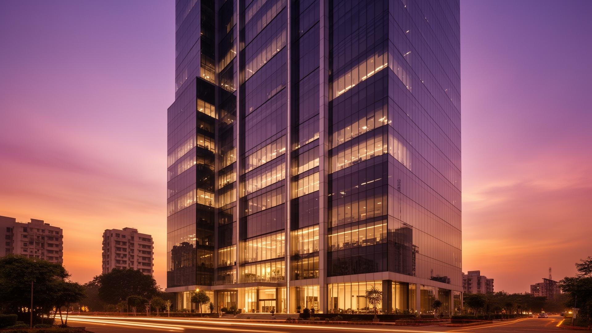 Premium commercial office tower at dusk